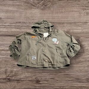 Angel Kiss LA Women’s Army Green Utility Jacket Hood Patches Zipper Snaps XL